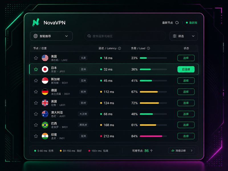 NovaVPN全球VPN节点覆盖数据化界面展示